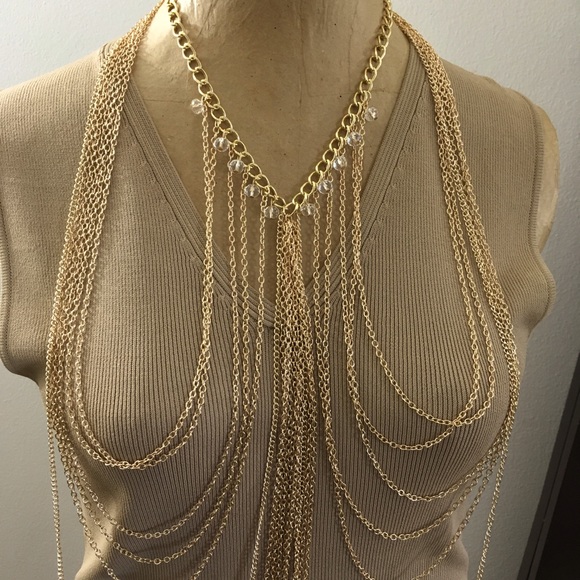 Facetted Clear Glass Beaded Multi Strand All Over Body Chain Goldplated - Picture 4 of 13